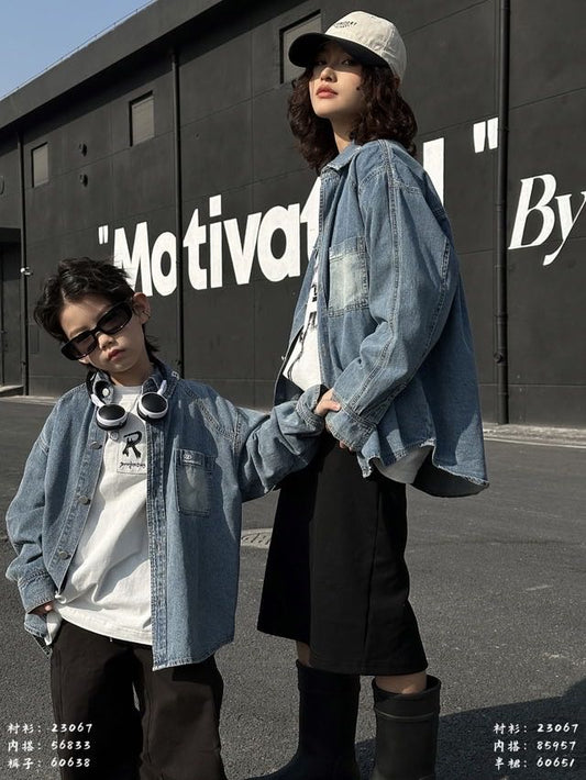 Trendy Parent-Child Denim Shirt – Oversized, Vintage & Stylish
