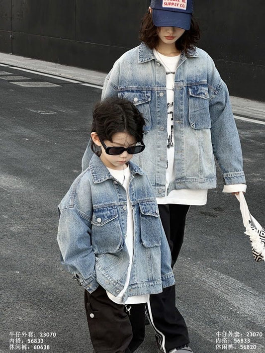 Kids' Vintage Denim Jacket – Classic Washed Blue Streetwear